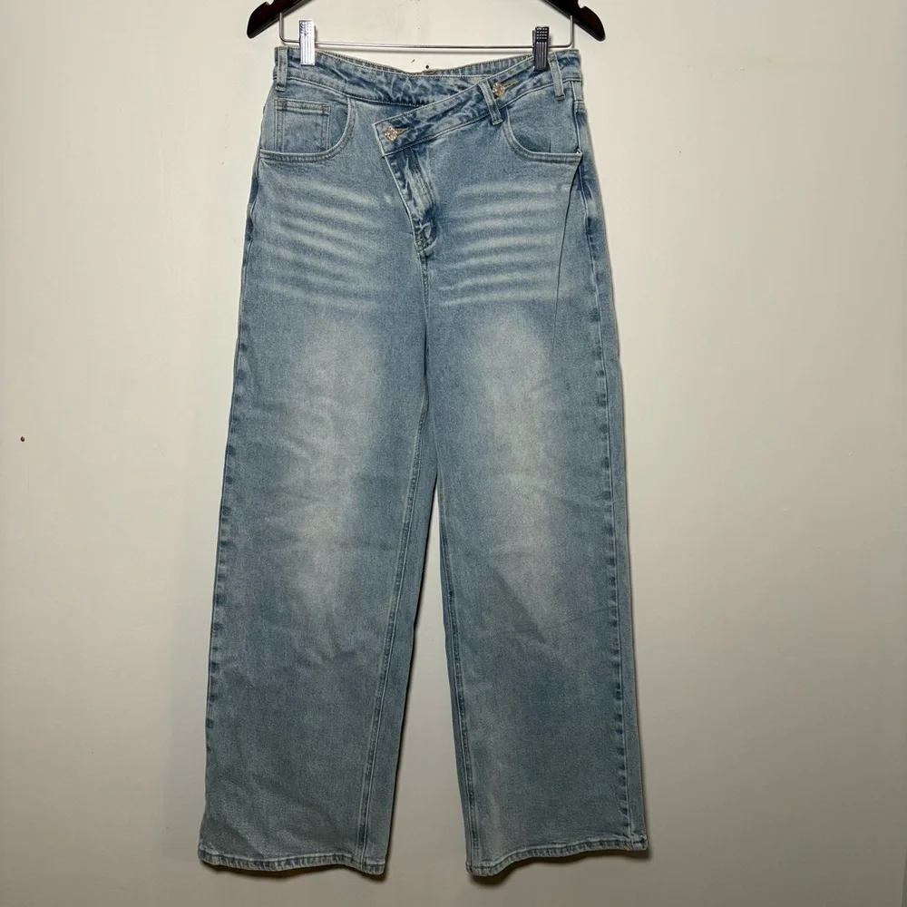 Commence Asymmetric Waist Wide-Leg Jeans Light Wash Size Medium